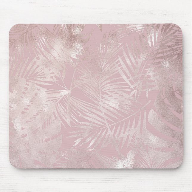 Rose Gold Pink Botanische tropische Palmen Blätter Mousepad (Vorne)