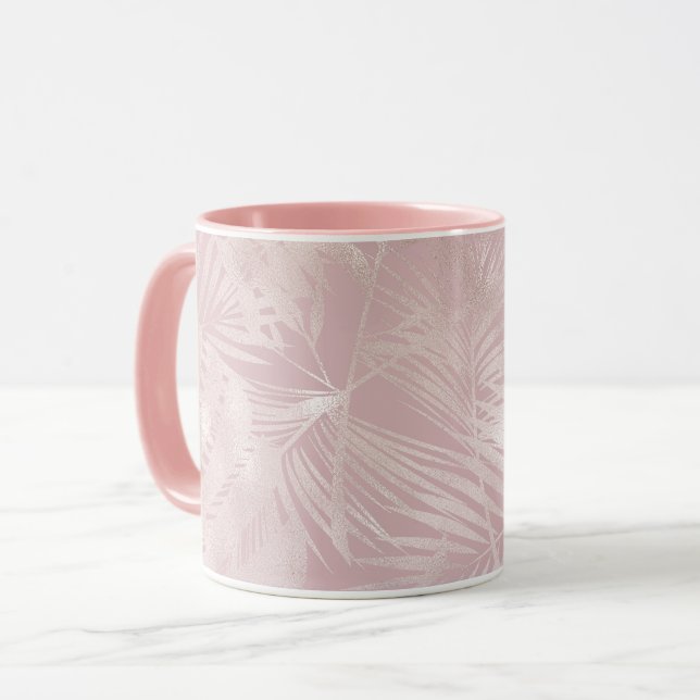 Rose Gold Pink Botanische tropische Palmen Blätter Tasse (Vorderseite Links)