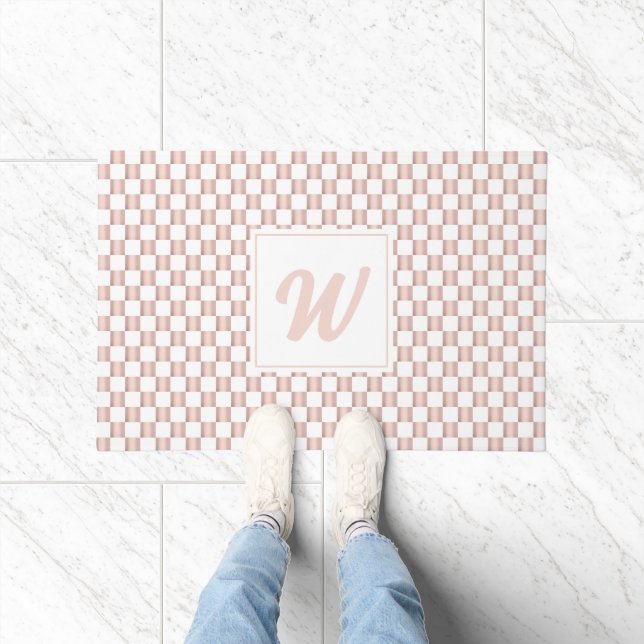 Rose Gold Pink Checkerboard Muster Monogramm Fußmatte (Indoor)