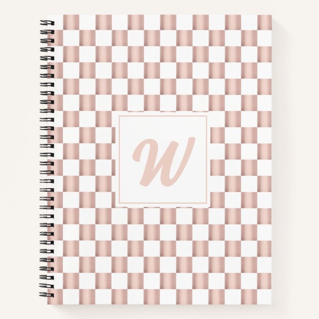 Rose Gold Pink Checkerboard Muster Monogramm Notizbuch (Vorderseite)