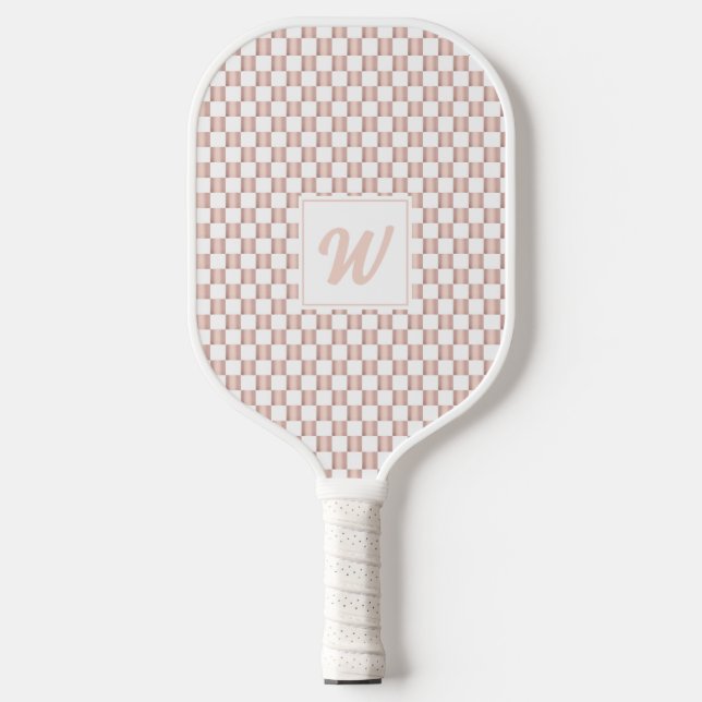 Rose Gold Pink Checkerboard Muster Monogramm Pickleball Schläger (Vorderseite)