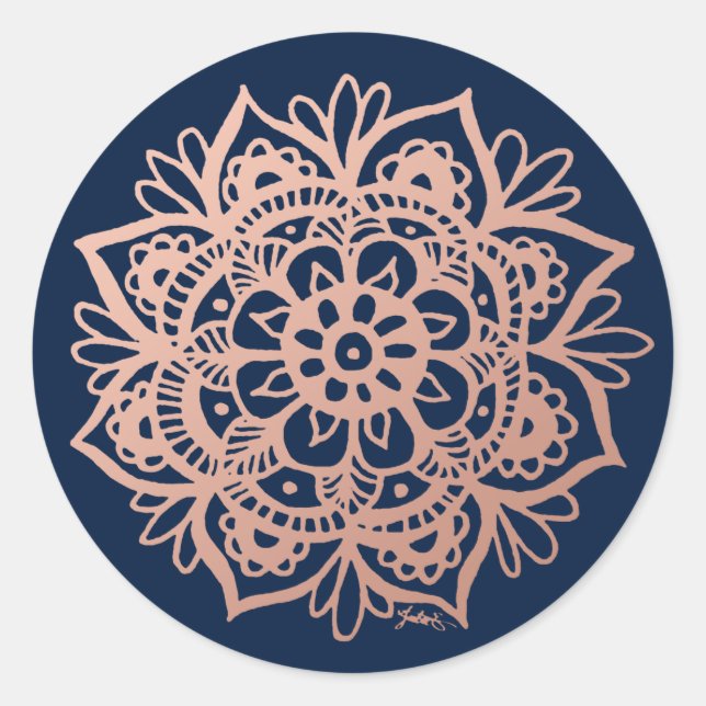 Rose Gold Pink Dark Blue Mandala Blume Runder Aufkleber (Vorderseite)