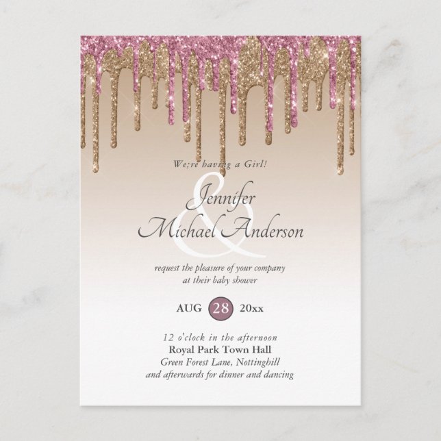 Rose Gold Pink Dripping Glitzer Baby Girl Dusche Postkarte (Vorderseite)
