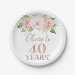 Rose Gold Pink Floral Cheers bis 40 Jahre Geburtst Pappteller