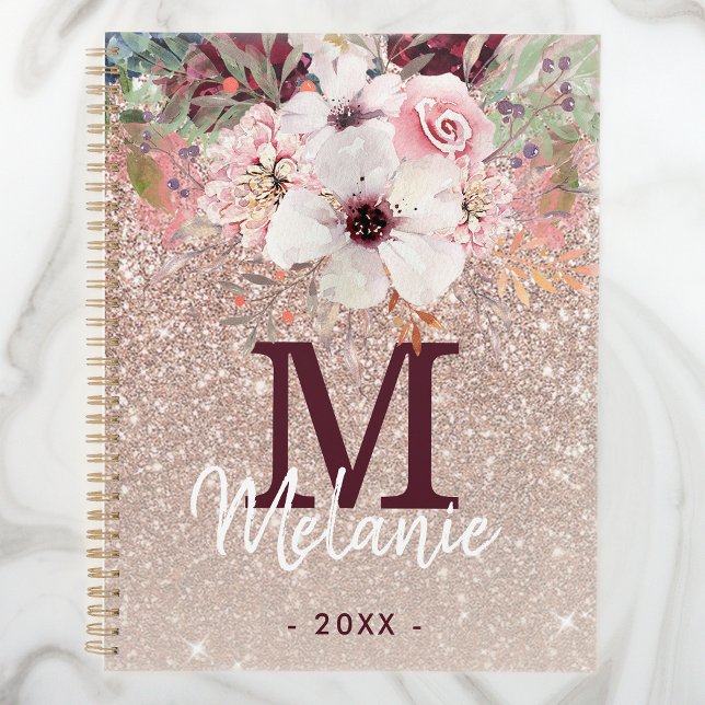 Rose Gold Pink Floral Monogram Glitzer 2023 Planer (Von Creator hochgeladen)