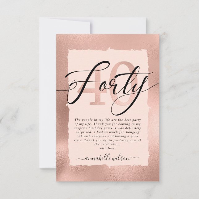 Rose Gold & Pink Foil 40. Geburtstag   Dankeskarte (Vorderseite)