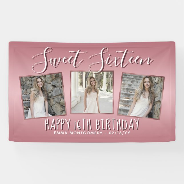 Rose Gold Pink Foil Collage 16. Geburtstag Banner (Horizontal)