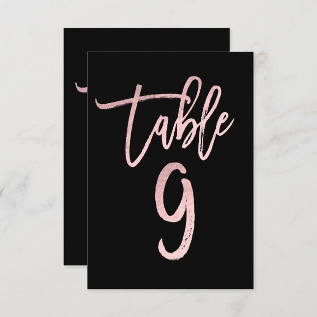 Rose Gold Pink Foil Moderne Script Tischnummer 9 (Vorne/Hinten)
