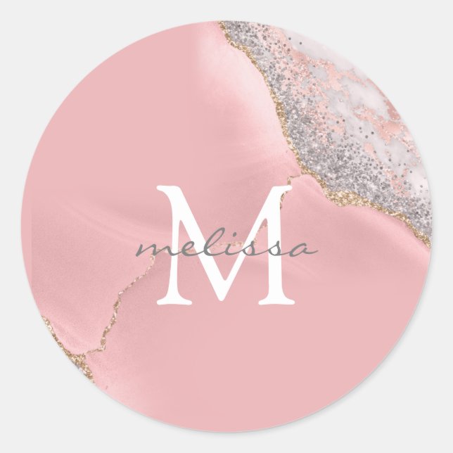 Rose Gold Pink Girly Monogram Name Marble Glitzer Runder Aufkleber (Vorderseite)