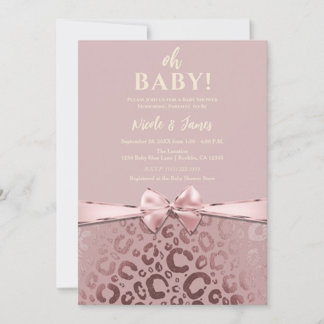 Rose Gold Pink Glam Leopard Print Baby Dusche Einladung (Vorderseite)