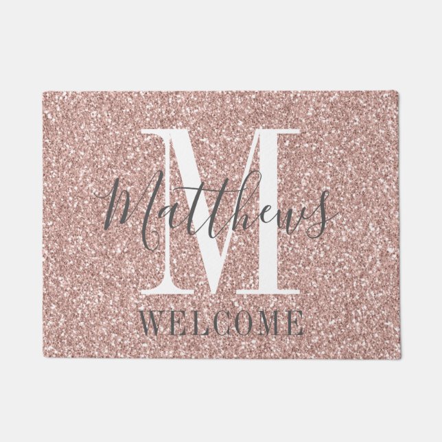 Rose Gold Pink Glitter Monogram Name Newlyweds Fußmatte (Vorderseite)