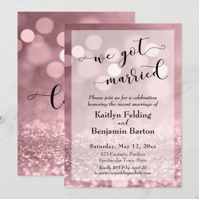 Rose Gold Pink Glitzer Bokeh Wir Got Verheiratet Einladung (Vorne/Hinten)