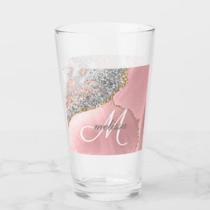 Rose Gold Pink Glitzer Marble Monogram Name Script Glas