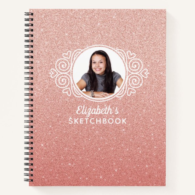 Rose Gold Pink Glitzer Monogram Foto Sketchbook Notizbuch (Vorderseite)