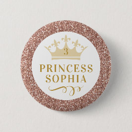 Rose Gold Pink Glitzer Princess Birthday Girl Button