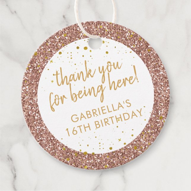 Rose Gold Pink Glitzer Sparkle Danke, Geburtstag Geschenkanhänger (Vorderseite)