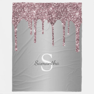 Rose Gold Pink Glitzer Tropfen Silver Monogram Nam Fleecedecke