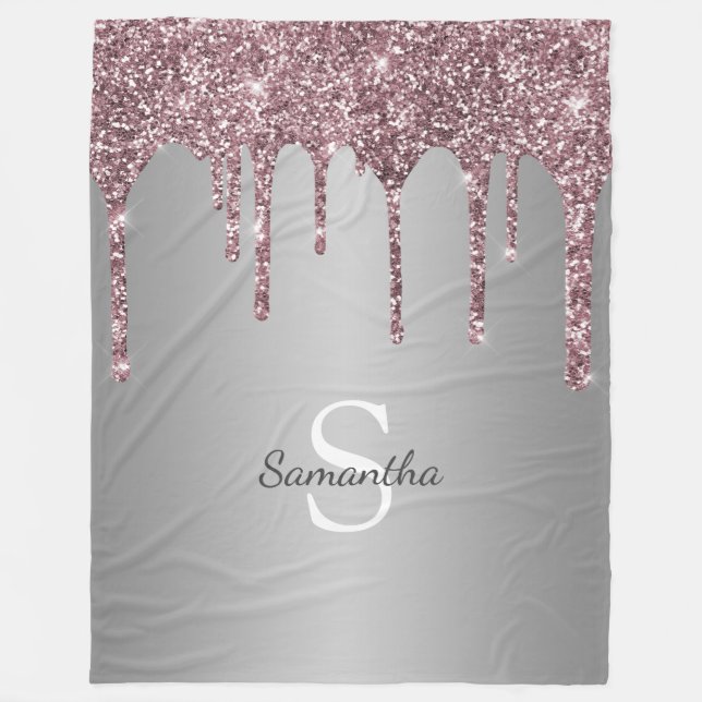 Rose Gold Pink Glitzer Tropfen Silver Monogram Nam Fleecedecke (Vorderseite)