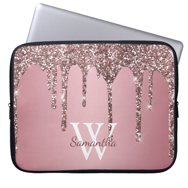 Rose Gold Pink Glitzer Tropfen Sparkle Monogramm N Laptopschutzhülle (Vorderseite)