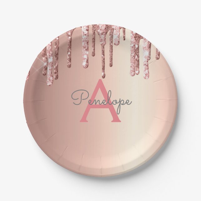 Rose Gold Pink Glitzer Tropfen und Sparklopfen Mon Pappteller (Vorderseite)