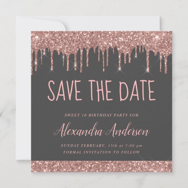 Rose Gold Pink Gray Glitzer Sweet 16 Save the Date Einladung (Vorderseite)