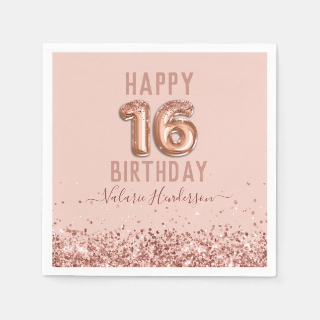 Rose Gold Pink Happy 16. Geburtstag Serviette (Vorderseite)