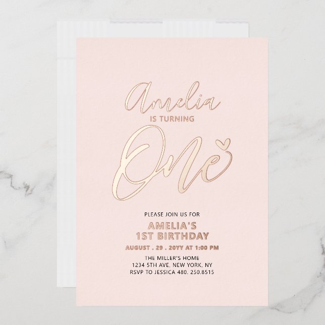 Rose Gold & Pink Heart One 1st Girl Birthday Party Folieneinladung (Briefumschlag)