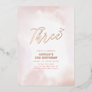 Rose Gold & Pink Herz Drei Mädchen 3. Geburtstag Folieneinladung