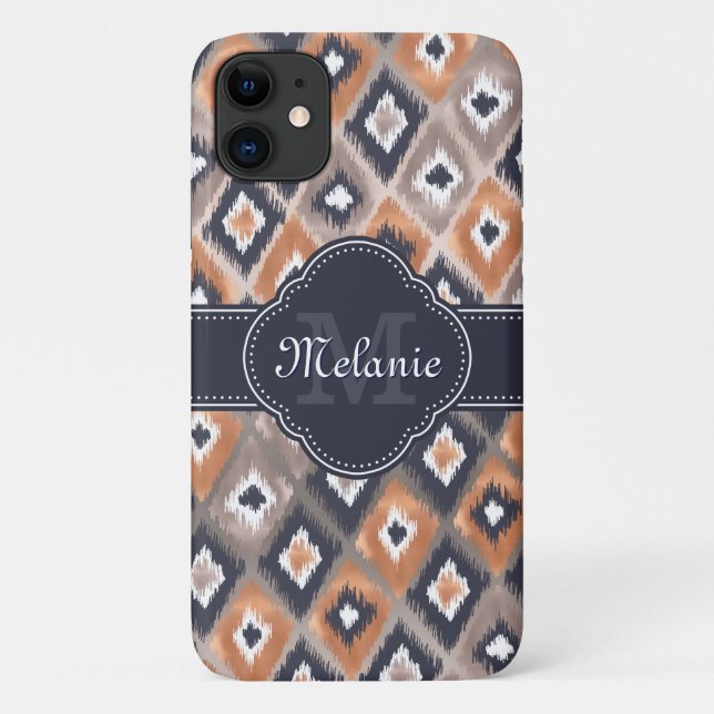 Rose Gold Pink Ikat Pattern Navy Monogram Case-Mate iPhone Hülle (Rückseite)