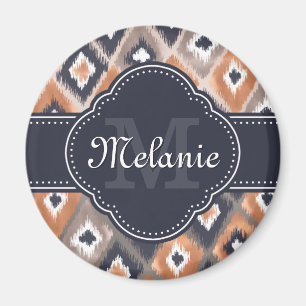 Rose Gold Pink Ikat Pattern Navy Monogram Magnet