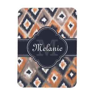 Rose Gold Pink Ikat Pattern Navy Monogram Magnet