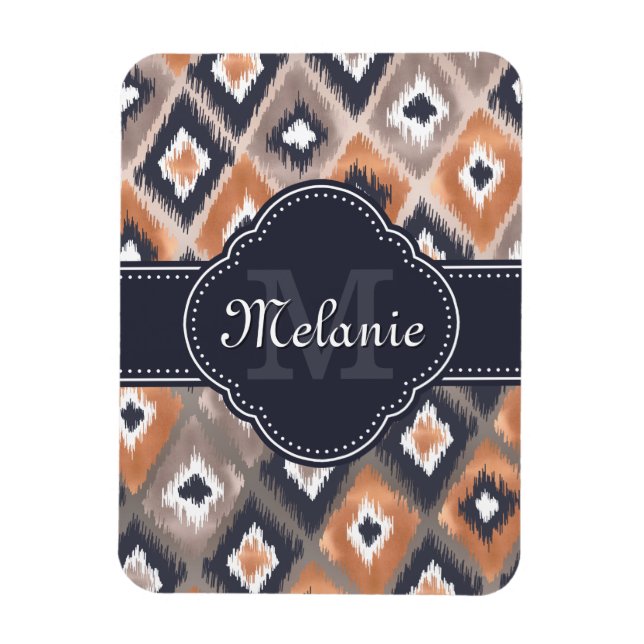 Rose Gold Pink Ikat Pattern Navy Monogram Magnet (Vertikal)