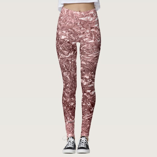 Rose Gold Pink Liquid Chrome Metal Look Leggings (Vorderseite)