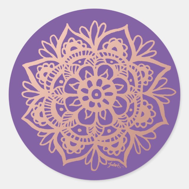 Rose Gold Pink Mandala Blume auf Lila Runder Aufkleber (Vorderseite)