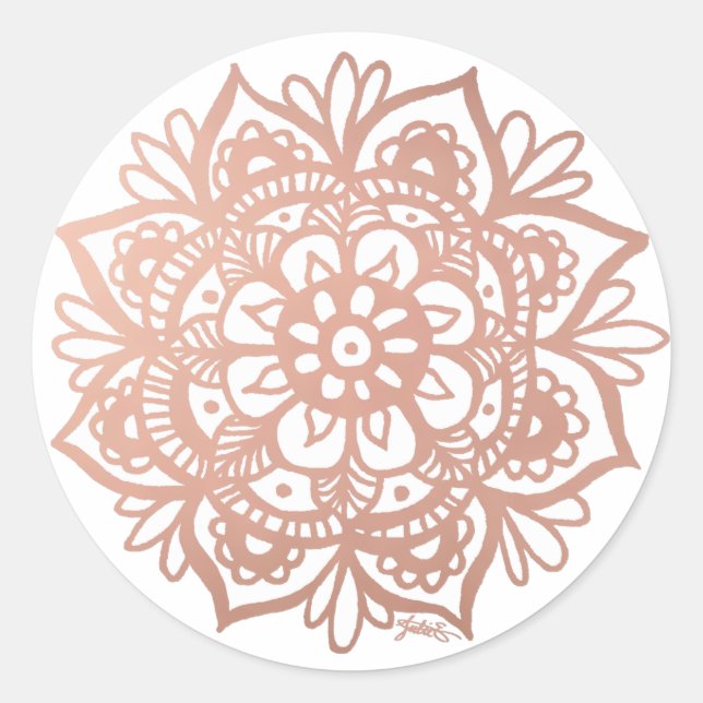 Rose Gold Pink Mandala Blume Runder Aufkleber (Vorderseite)