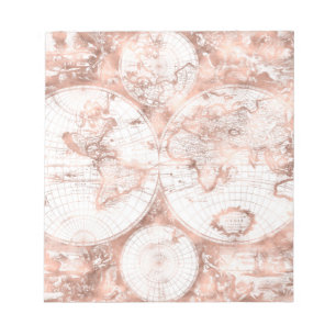 Rose Gold Pink Metal Glitzer Antique Weltkarte Notizblock