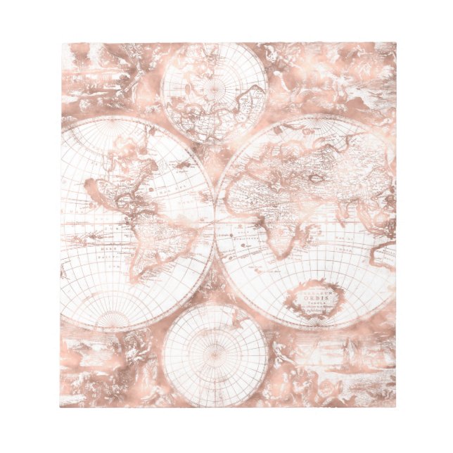 Rose Gold Pink Metal Glitzer Antique Weltkarte Notizblock (Vorderseite)