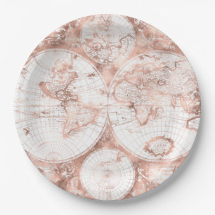 Rose Gold Pink Metall Glitter Antik Weltkarte Pappteller