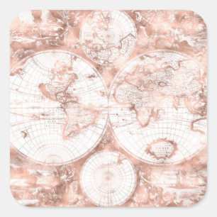 Rose Gold Pink Metall Glitter Antik Weltkarte Quadratischer Aufkleber
