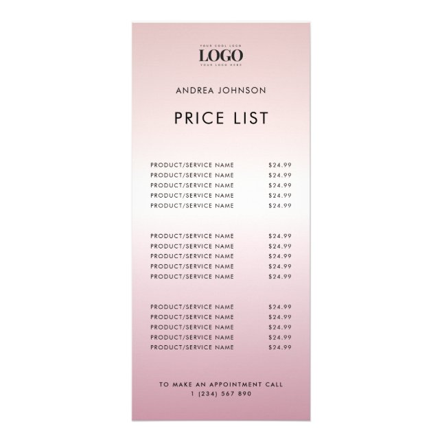 Rose Gold Pink Minimalist Logo Service Price List Werbekarte (Vorne)