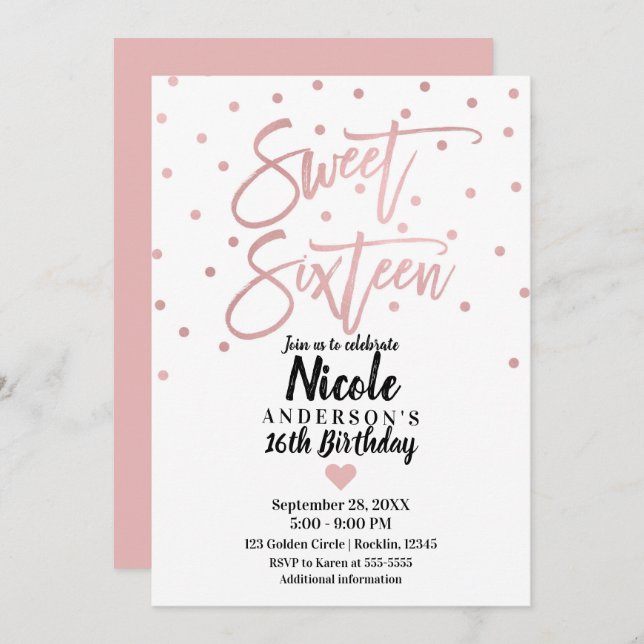 Rose Gold Pink Moderne Schrift Sweet 16 Sechzehn Einladung (Vorne/Hinten)