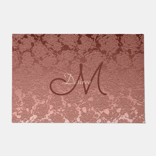 Rose Gold Pink Monogram Floral Moderne Klasse Fußmatte (Vorderseite)