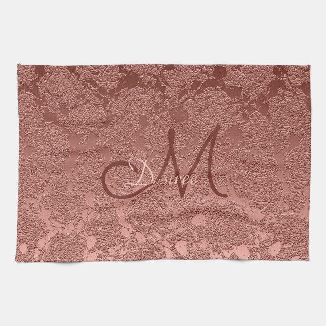 Rose Gold Pink Monogram Floral Moderne Klasse Geschirrtuch (Horizontal)