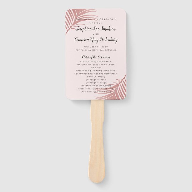 Rose Gold Pink Palm Beach Tropical Wed Program Fan Fächer (Vorderseite)