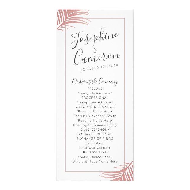 Rose Gold Pink Palm Blätter Beach Hochzeitsprogram Werbekarte (Vorne)