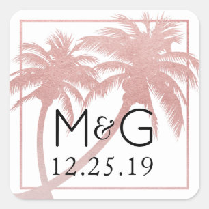 Rose Gold Pink Palm Tree Gastgeschenk Hochzeit Quadratischer Aufkleber