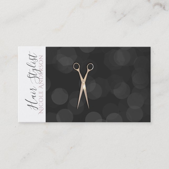 Rose Gold Pink Schere Schwarz-weiß Haare Stylistin Visitenkarte (Vorderseite)