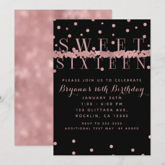 Rose Gold Pink & Schwarz Modernes Glam Sweet 16 Pa Einladung