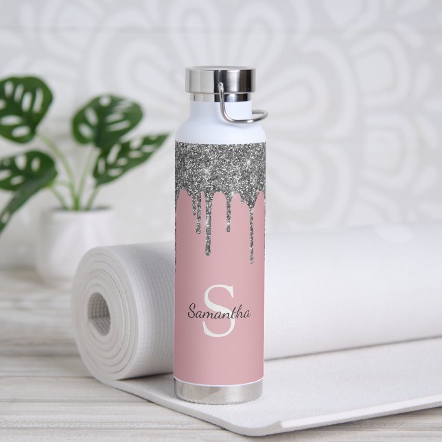 Rose Gold Pink Silber Glitzer Tropfen Monogramm Na Trinkflasche (Yoga)