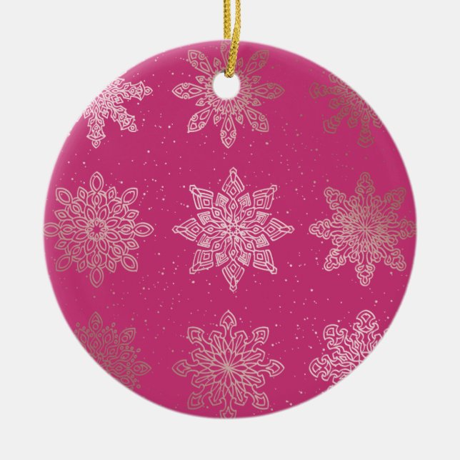 Rose Gold & Pink Snowflake Weihnachtsmuster Keramik Ornament (Vorne)